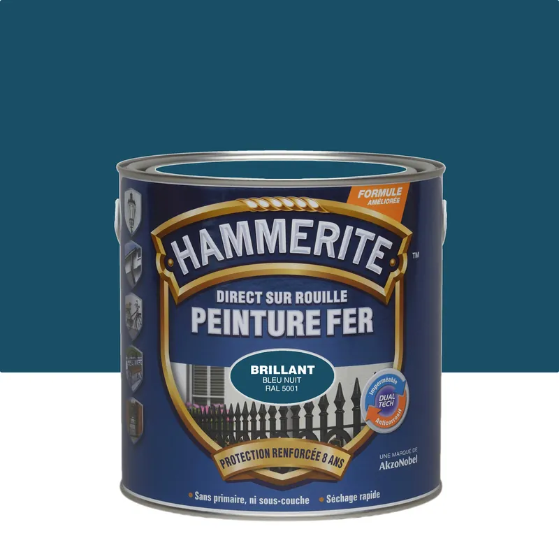 Satisfait Ou Remboursé Peinture fer extérieur direct sur rouille Finition bleu nuit RAL 5001 Brillant 2,5L - HAMMERITE