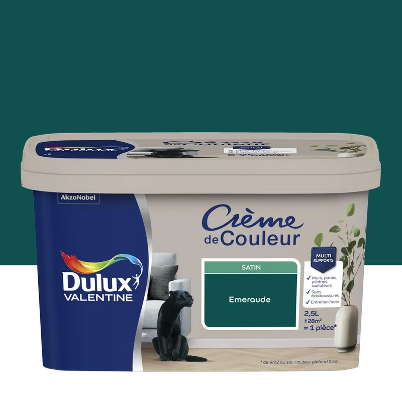 Expédié Aujourd'hui Peinture crème de couleur Emeraude Satin 2,5 L - DULUX VALENTINE