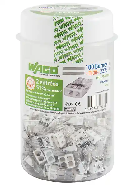 WAGO Pot de 100 mini bornes de connexion automatique 2 fils S2273 Commander Maintenant