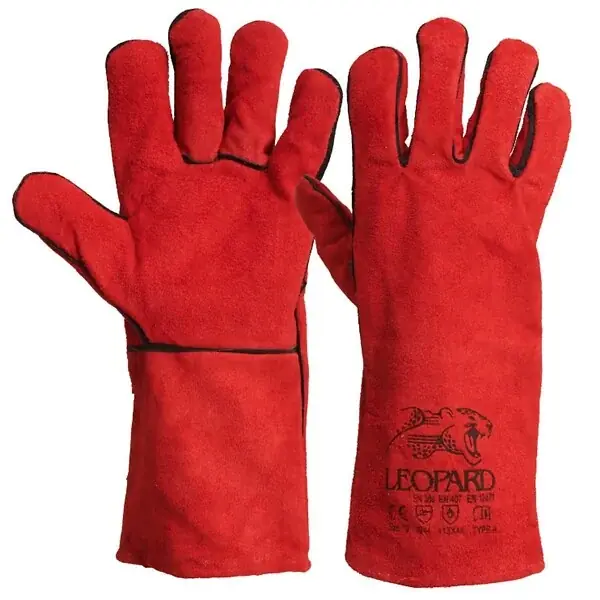 Gants Anti Chaleur Taille10 Rouge - Gants en Cuir Croute de Bovin Manchette 15cm Protection thermique pour soudure, métallurgie PROWELTEK Prix Bas
