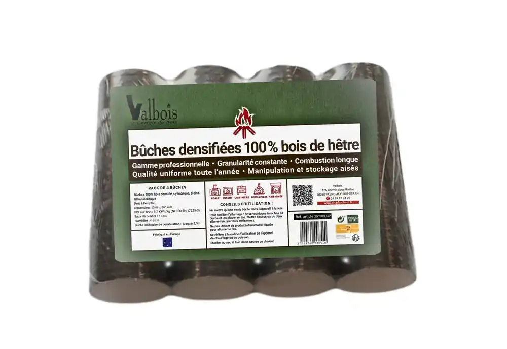 Bûches compressées 100% hêtre 10 kg VALBOIS Prix Réduit