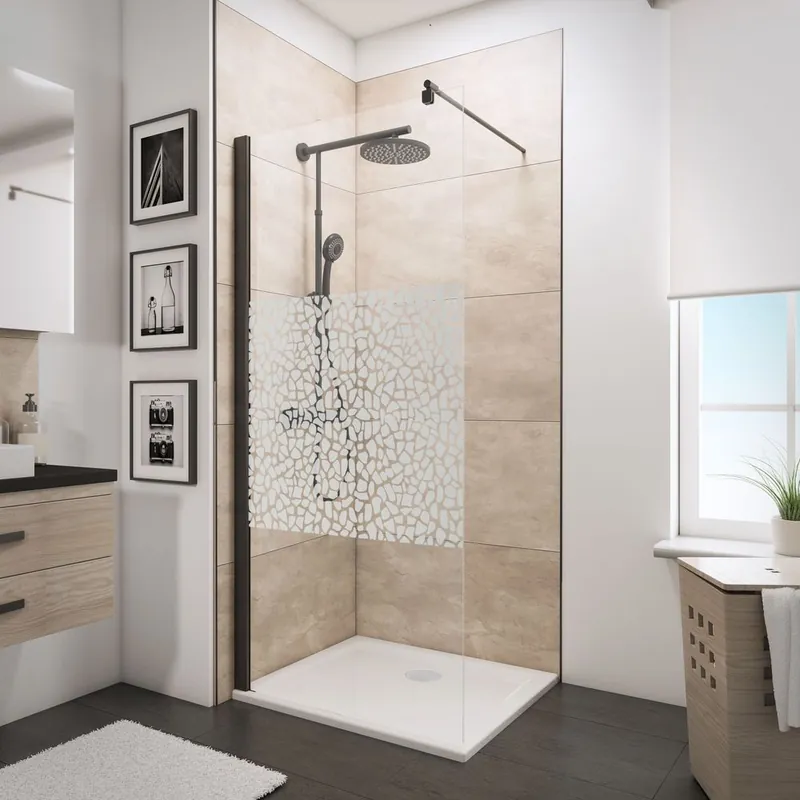 Offre Spéciale Paroi de douche à l‘italienne 90x190 cm profilé noir verre sérigraphié galets 5 mm NewStyle - SCHULTE