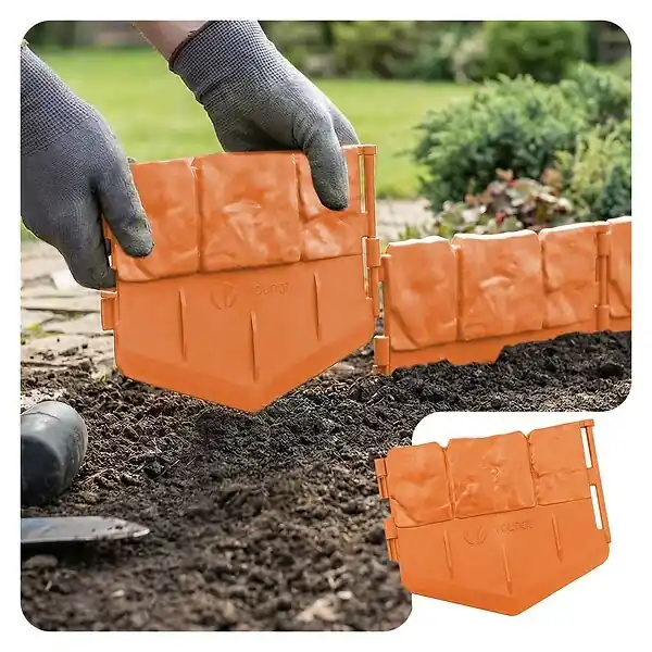 Lot de 14 pcs Bordure de jardin imitation pierre facile a installer 2.14m terracotta VOUNOT Dernier Modèle