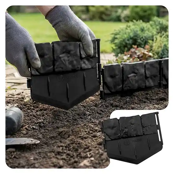 Lot de 14 pcs Bordure de jardin imitation pierre facile a installer 2.14m noir VOUNOT Affaire À Saisir