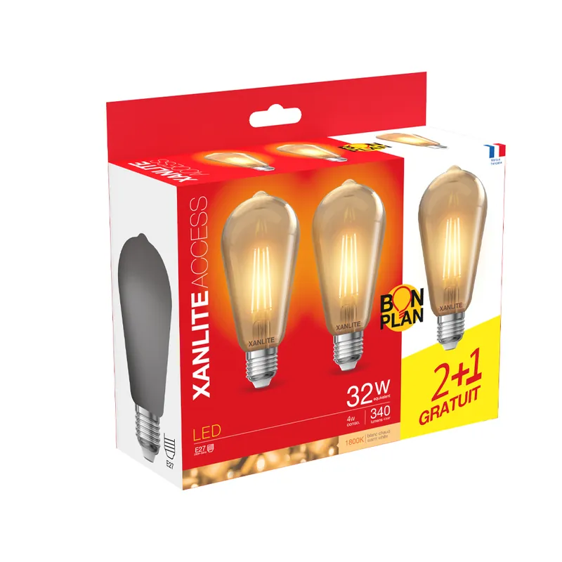 Ampoules LED E27 Edison à filament 350 lumens blanc chaud par 3 - XANLITE Dernier Modèle
