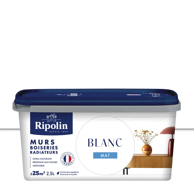 Achetez Aujourd'hui Peinture murs, boiseries et radiateurs blanc mat 2,5L RIPOLIN