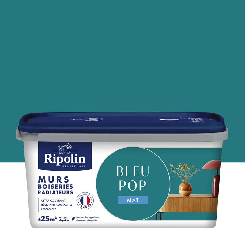Peinture murs, boiseries et radiateurs bleu pop mat 2,5L RIPOLIN Prix Cassé
