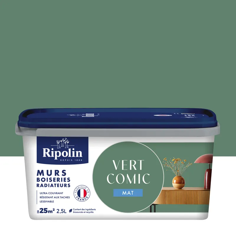 Expédition Rapide Peinture murs, boiseries et radiateurs vert comic mat 2,5L RIPOLIN