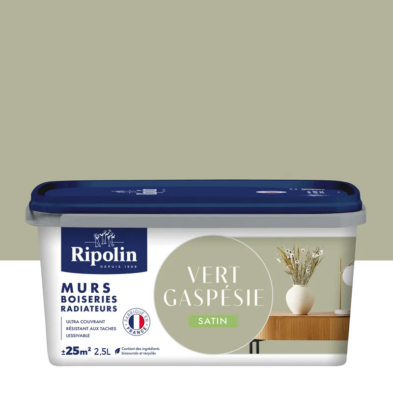 Offre Exclusive Peinture murs, boiseries et radiateurs vert gaspesie satin 2,5L RIPOLIN