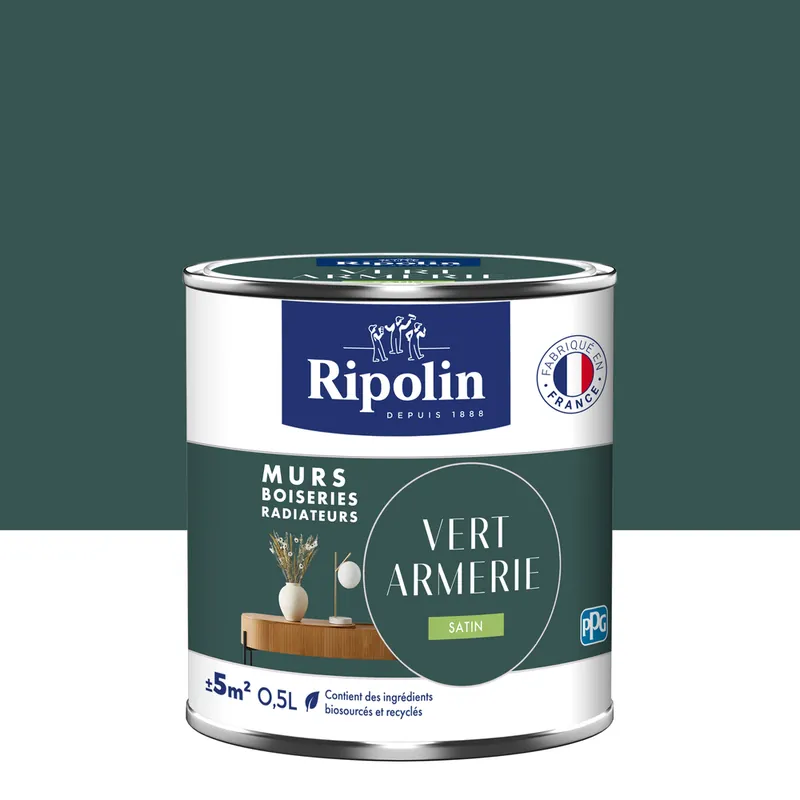 Quantité Limitée Peinture murs, boiseries et radiateurs vert armerie satin 0,5L RIPOLIN