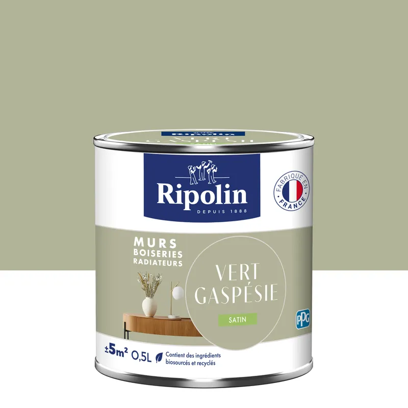 Meilleure Vente Peinture murs, boiseries et radiateurs vert gaspesie satin 0,5L RIPOLIN