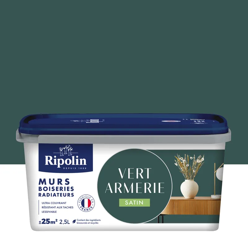 Nouvelle Collection Peinture murs, boiseries et radiateurs vert armerie satin 2,5L RIPOLIN