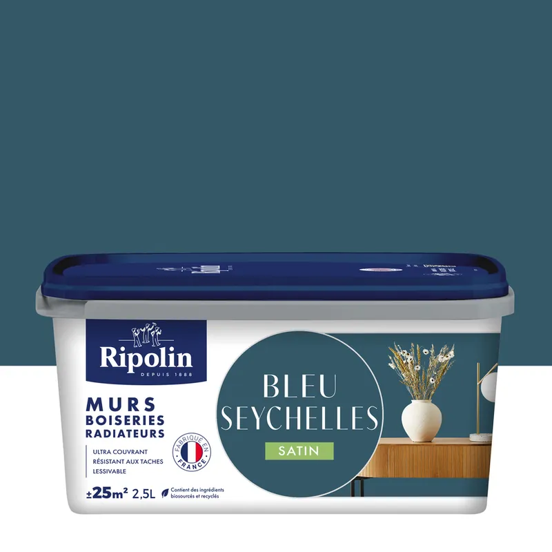 Peinture murs, boiseries et radiateurs bleu seychelles satin 2,5L RIPOLIN Nouvelle Collection