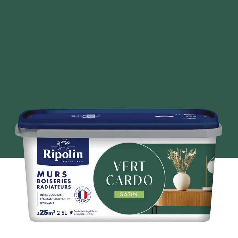 Retour Gratuit Peinture murs, boiseries et radiateurs vert cardo satin 2,5L RIPOLIN