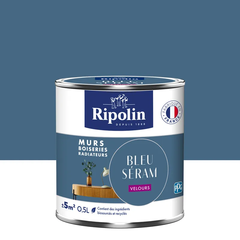 Acheter Direct Peinture murs, boiseries et radiateurs bleu seram velours 0,5L RIPOLIN