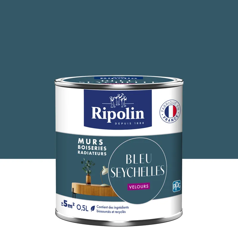 Promotion Peinture murs, boiseries et radiateurs bleu seychelles velours 0,5L RIPOLIN