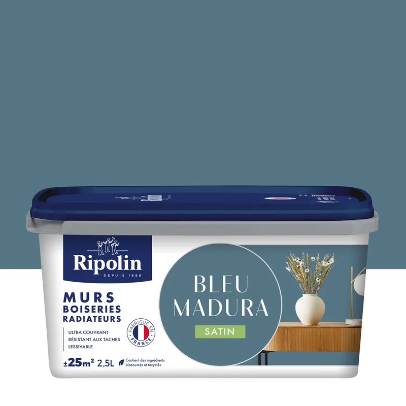 Offre Du Jour Peinture murs, boiseries et radiateurs bleu madura satin 2,5L RIPOLIN