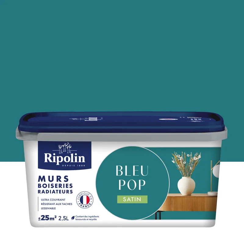 Dernière Chance Peinture murs, boiseries et radiateurs bleu pop satin 2,5L RIPOLIN