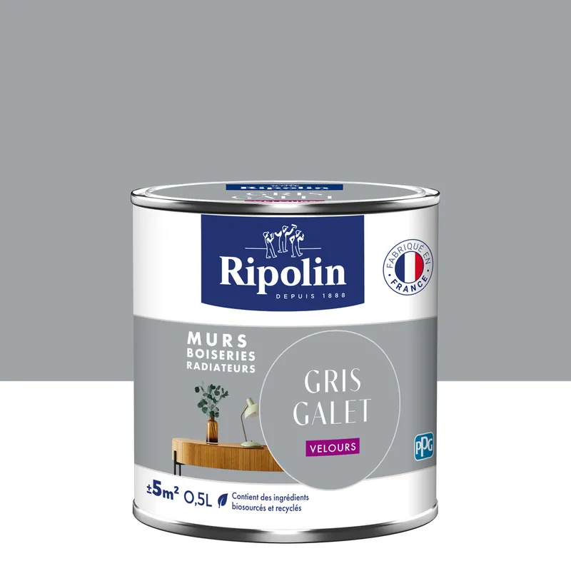 Prix Réduit Peinture murs, boiseries et radiateurs gris galet velours 0,5L RIPOLIN