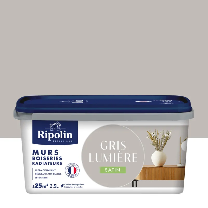 Peinture murs, boiseries et radiateurs gris lumière satin 2,5L RIPOLIN Produit De Marque