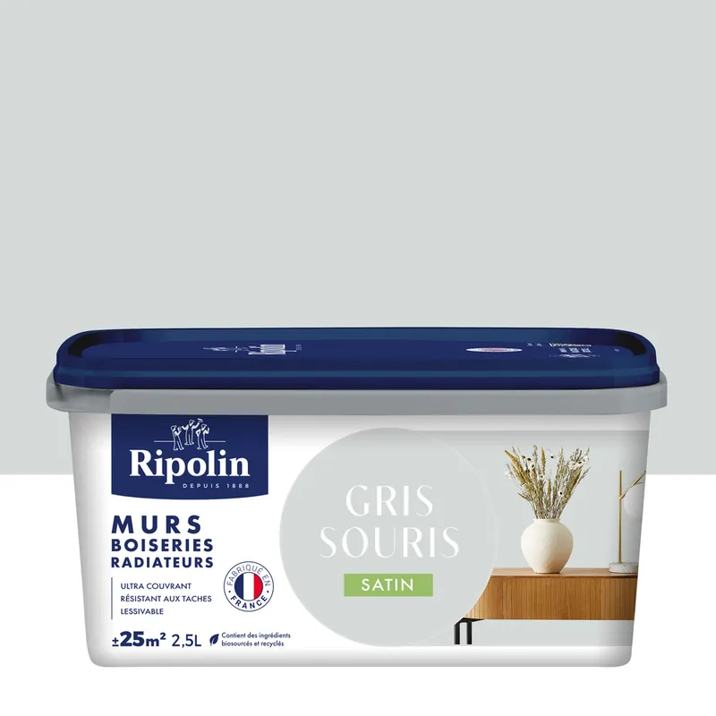Expédié Aujourd'hui Peinture murs, boiseries et radiateurs gris souris satin 2,5L RIPOLIN