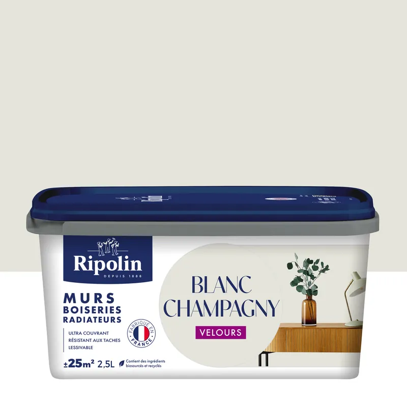 Prix Promo Peinture murs, boiseries et radiateurs blanc champagny velours 0,5L RIPOLIN