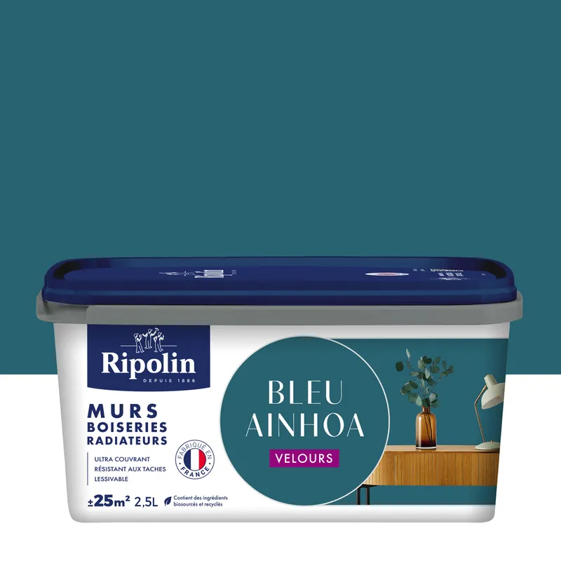 Quantité Limitée Peinture murs, boiseries et radiateurs bleu ainhoa velours 2,5L RIPOLIN