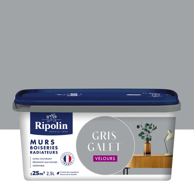 Peinture murs, boiseries et radiateurs gris galet velours 2,5L RIPOLIN Dernière Chance