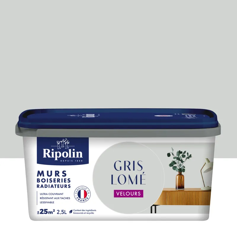 Livraison Express Peinture murs, boiseries et radiateurs gris lome velours 2,5L RIPOLIN