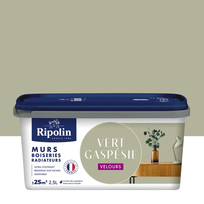 Peinture murs, boiseries et radiateurs vert gaspesie velours 2,5L RIPOLIN Jusqu'à Épuisement Des Stocks