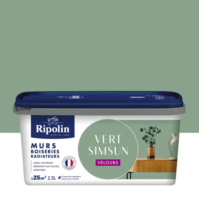 Meilleur Choix Peinture murs, boiseries et radiateurs vert simsun velours 2,5L RIPOLIN