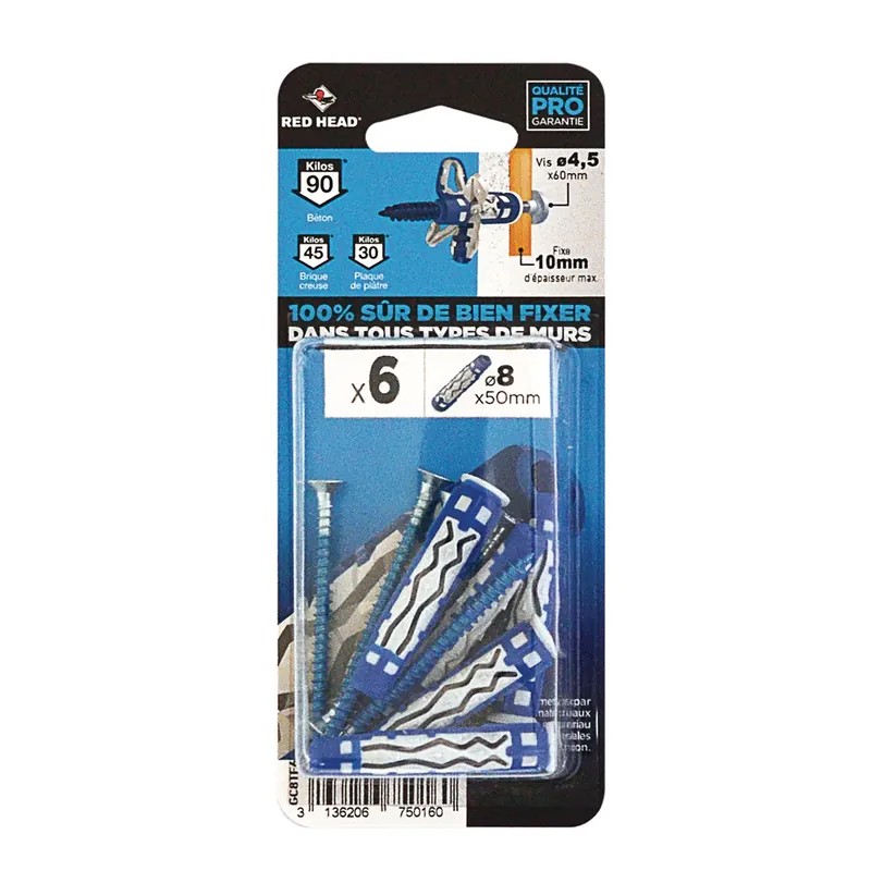 Achat Immédiat Chevilles MX 8 x 50 mm vis 4,5 x 60 mm par 6 RED HEAD