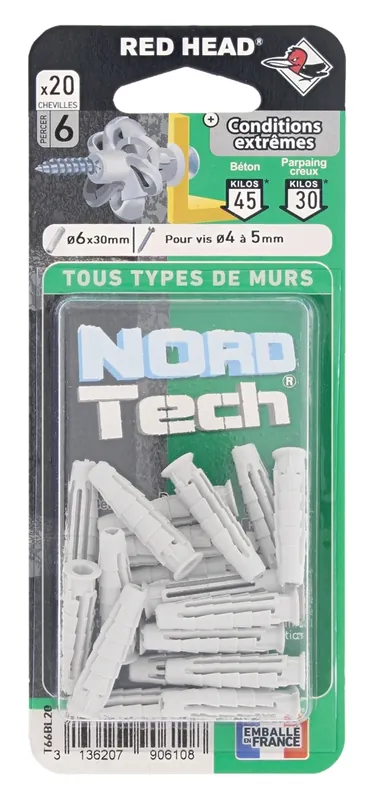 Chevilles Nortech 6 x 30 mm par 20 RED HEAD Quantité Limitée