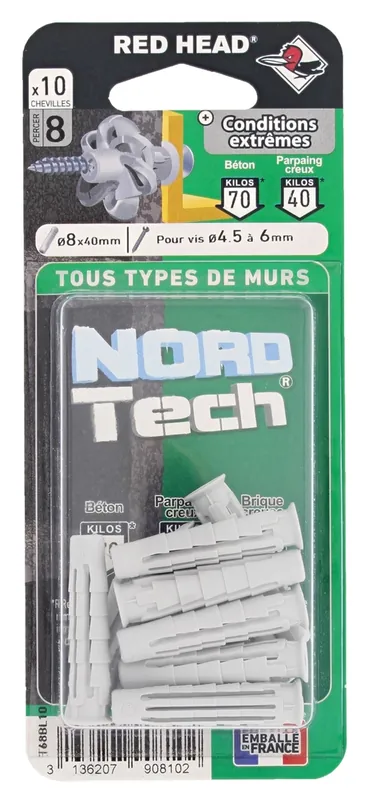 Vente Flash Chevilles Nortech 8 x 40 mm par 10 RED HEAD