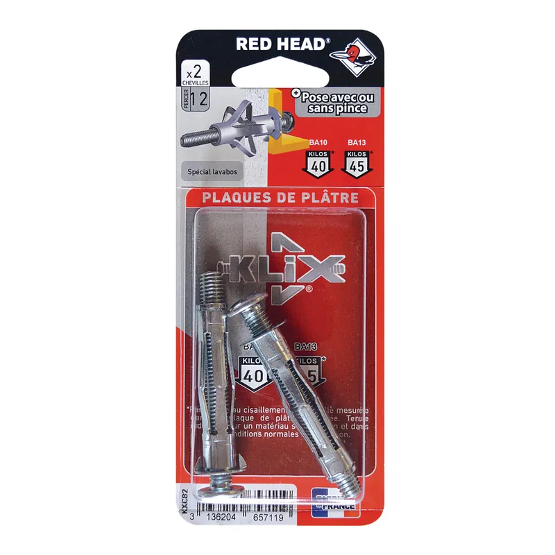 Super Prix Chevilles Superklix 12 x 53 mm avec vis 8 x 60 mm par 2 RED HEAD