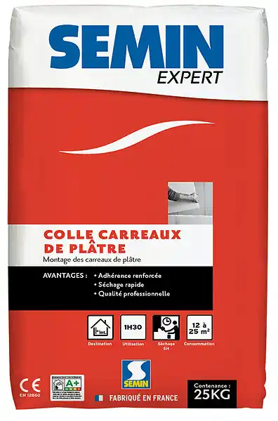 Colle carreaux de plâtre 25kg - Usage pro - Séchage rapide SEMIN Haute Qualité