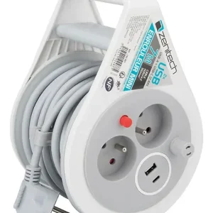 Vente Directe Mini enrouleur 2 prises 2P+T + 2 USB - 7m - Gris - Zenitech