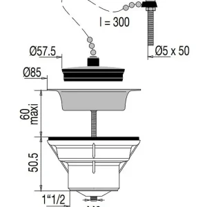 Livraison Express Bonde d‘évier PVC D60 55l/min avec bouchon-chaînette - VALENTIN - 00 701500 000 00