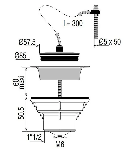 Livraison Express Bonde d‘évier PVC D60 55l/min avec bouchon-chaînette - VALENTIN - 00 701500 000 00