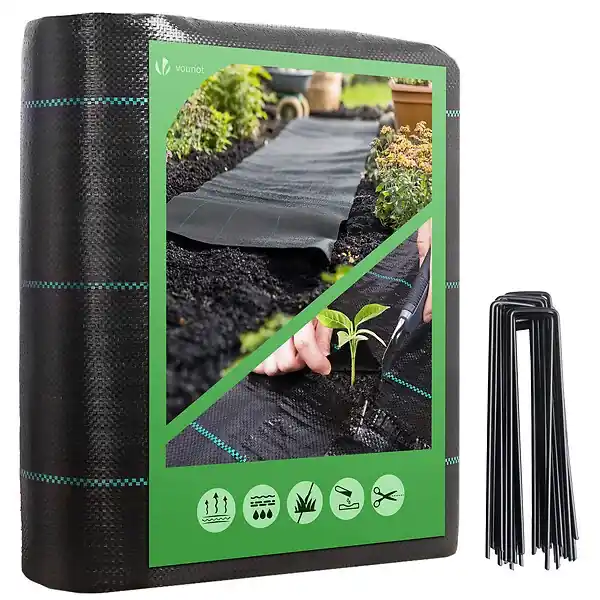 Réduction Toile de paillage contre les mauvaises herbes 10Mx1M avec 30 piquets Anti-UV 100g/m2 VOUNOT