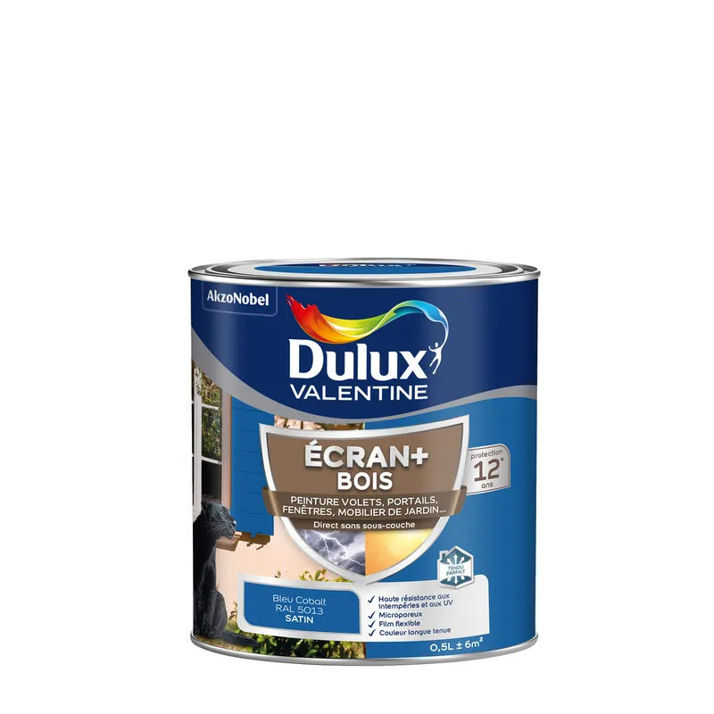 Peinture Ecran + Bois satin Bleu Cobalt 0.5 litre DULUX VALENTINE Quantité Limitée