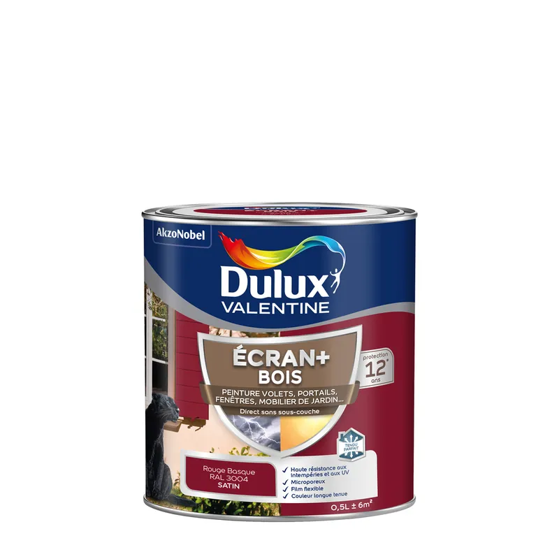 Prix Choc Peinture Ecran + Bois satin Rouge Basque 0.5 litre DULUX VALENTINE