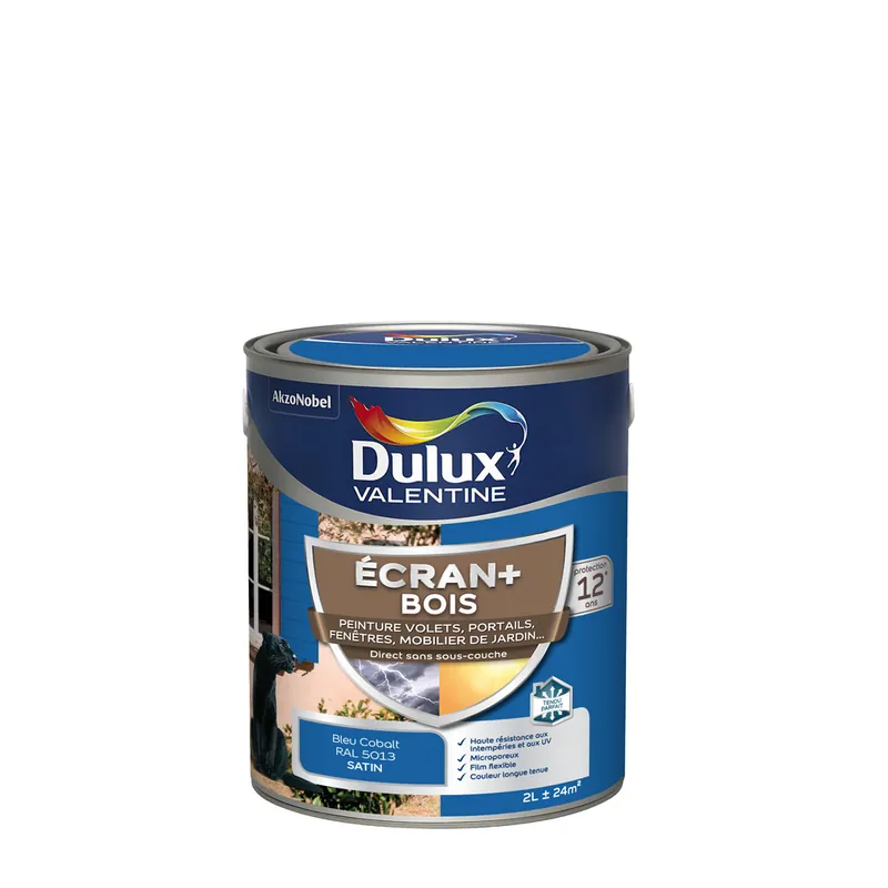 Peinture Ecran + Bois satin Bleu Cobalt 2 litres DULUX VALENTINE Meilleur Prix