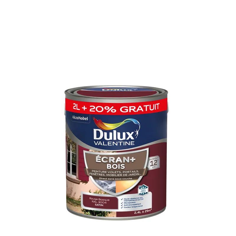 Peinture Ecran + Bois satin Rouge Basque 2 litres + 20% gratuit DULUX VALENTINE Pas Cher