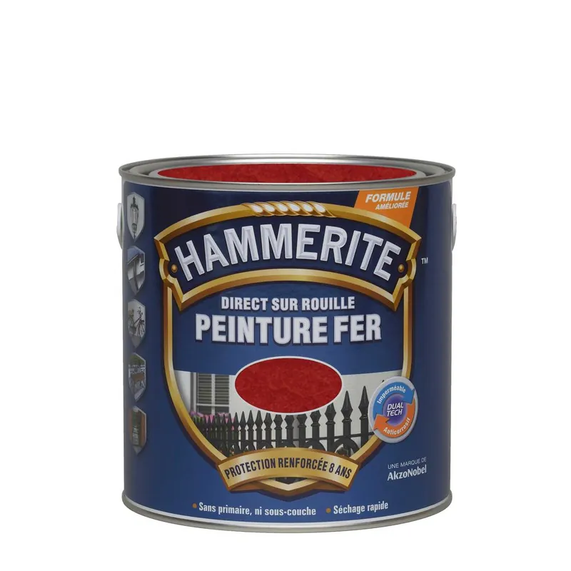 Peinture fer extérieur direct sur rouille Martelé Rouge 2.5 litres HAMMERITE Top Vente