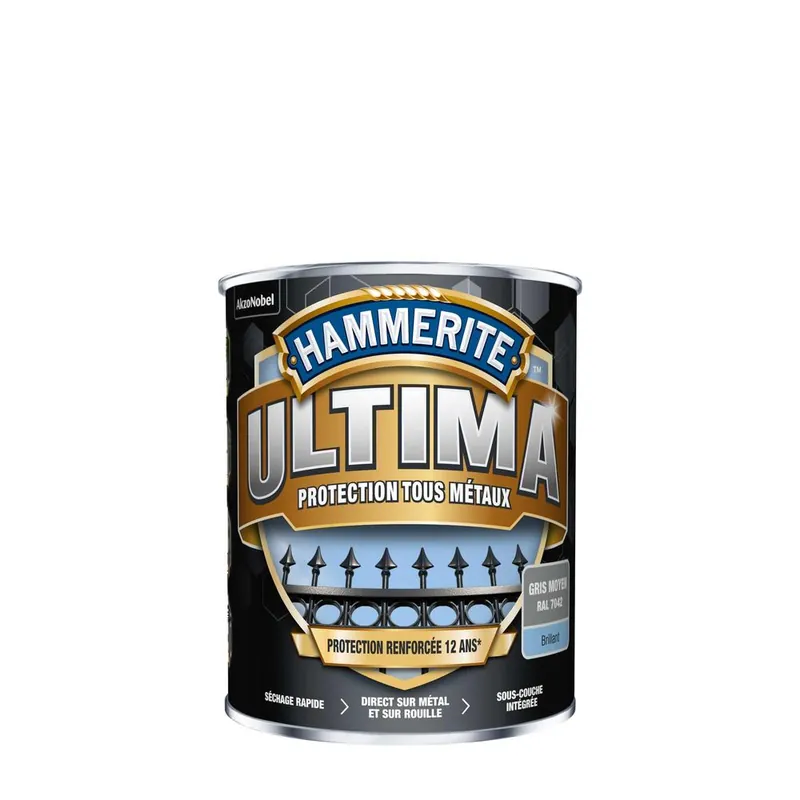 Paiement Sécurisé Peinture fer extérieur ultima Gris Moyen brillant 0,75L - HAMMERITE
