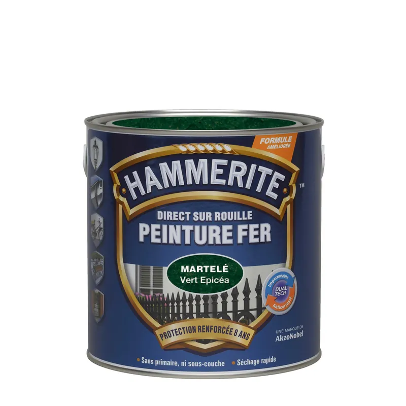 Peinture fer extérieur direct sur rouille Martelé Vert Epicéa 2.5 litres HAMMERITE Marque