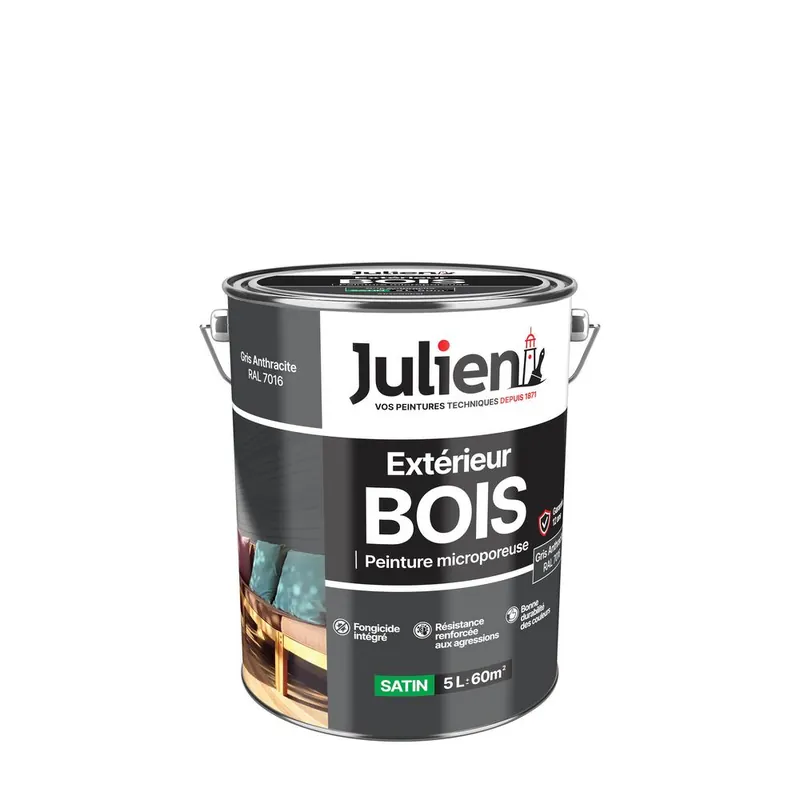 Peinture extérieur bois microporeux satin Gris Anthracite 5 L JULIEN Retour Gratuit
