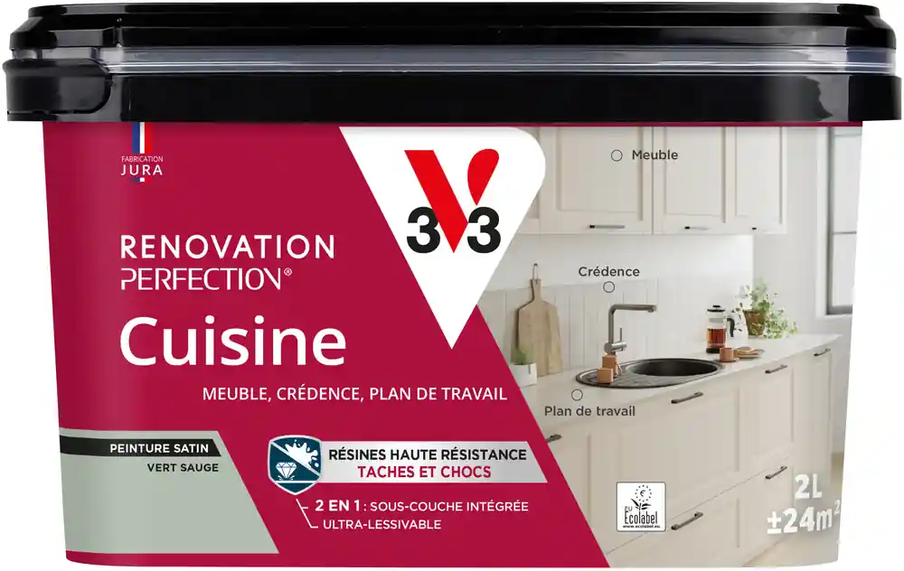 Peinture de rénovation pour cuisine vert sauge finition satinée 2L - V33 Certifié