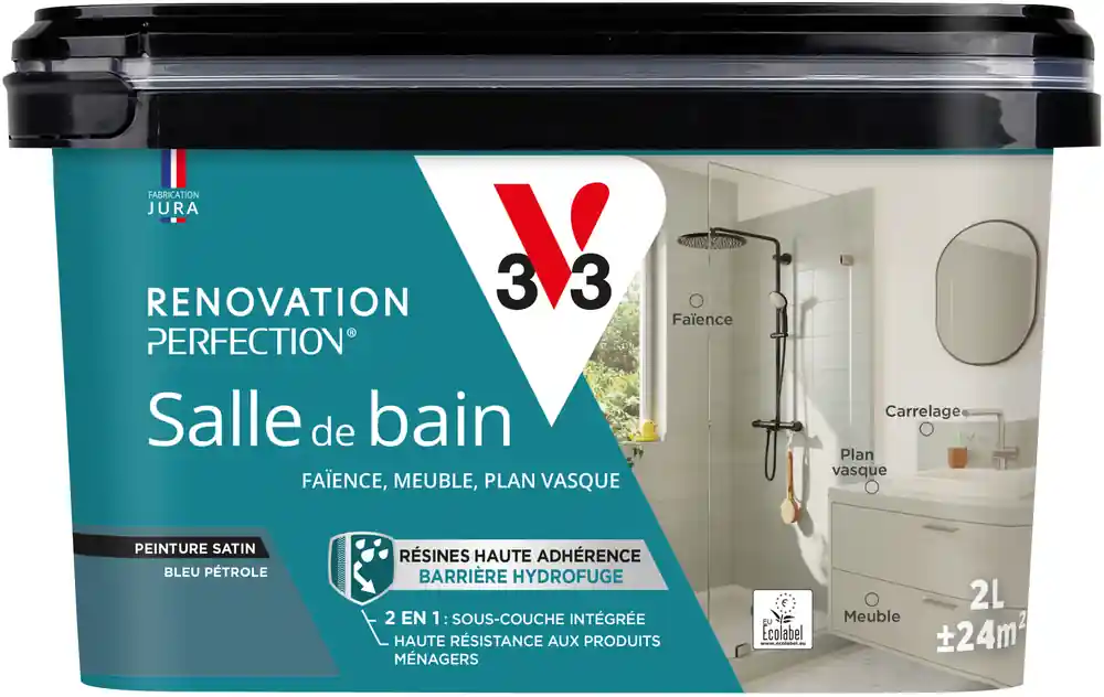 Peinture de rénovation pour salle de bain bleu pétrole finition satinée 2L - V33 Offre Du Jour